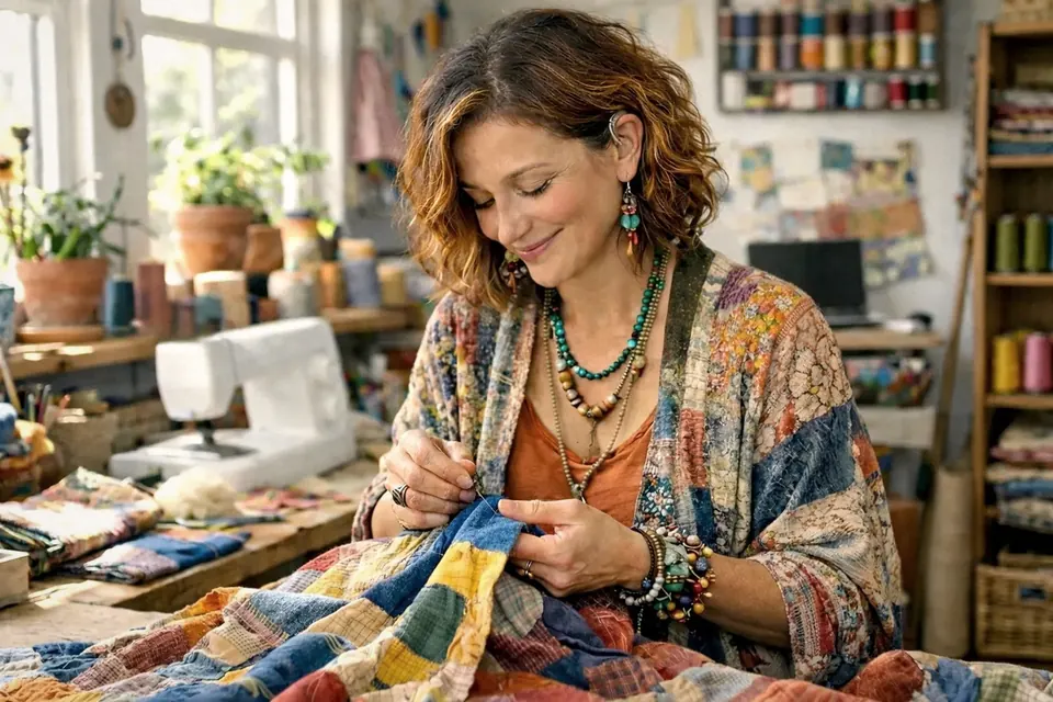 An Etsy seller hand-stitching a patchwork quilt in her craft studio